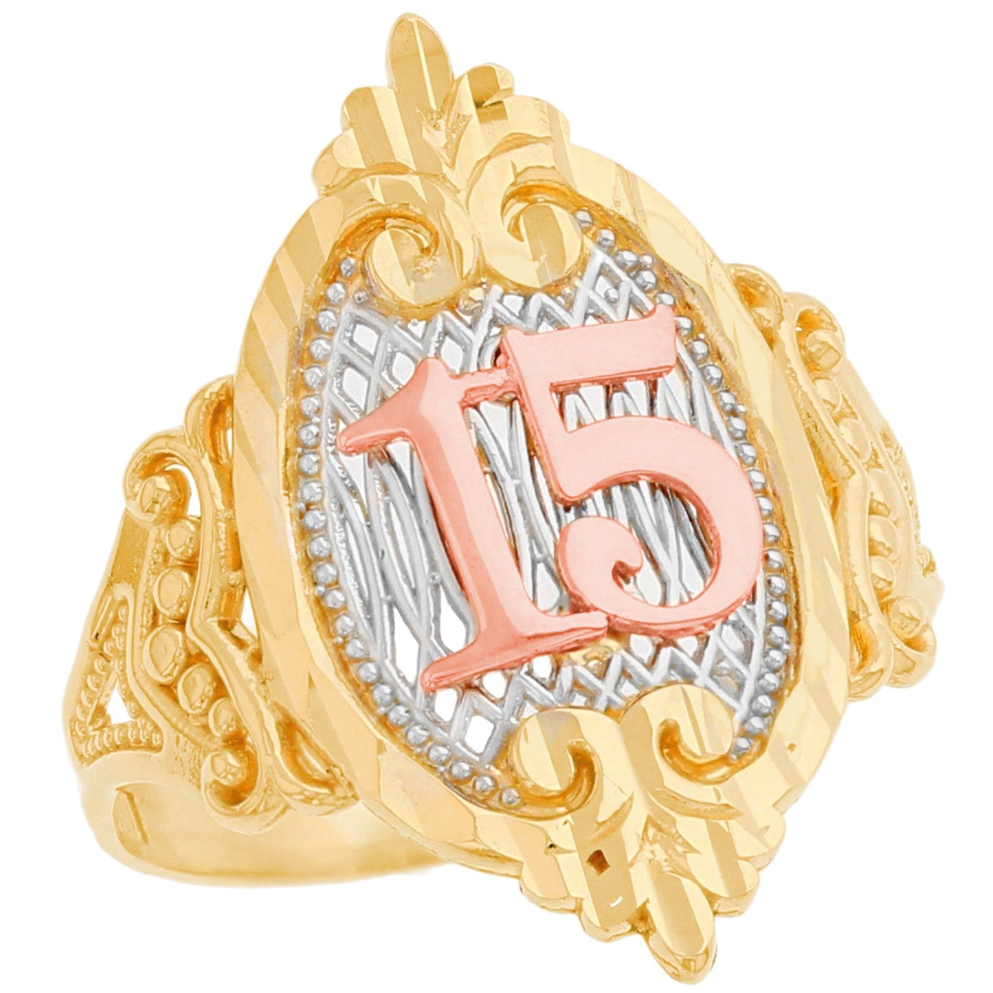 Gold Quinceañera Womens Girl Quince Años Diamond Cut Ring (JackAni# R12354)