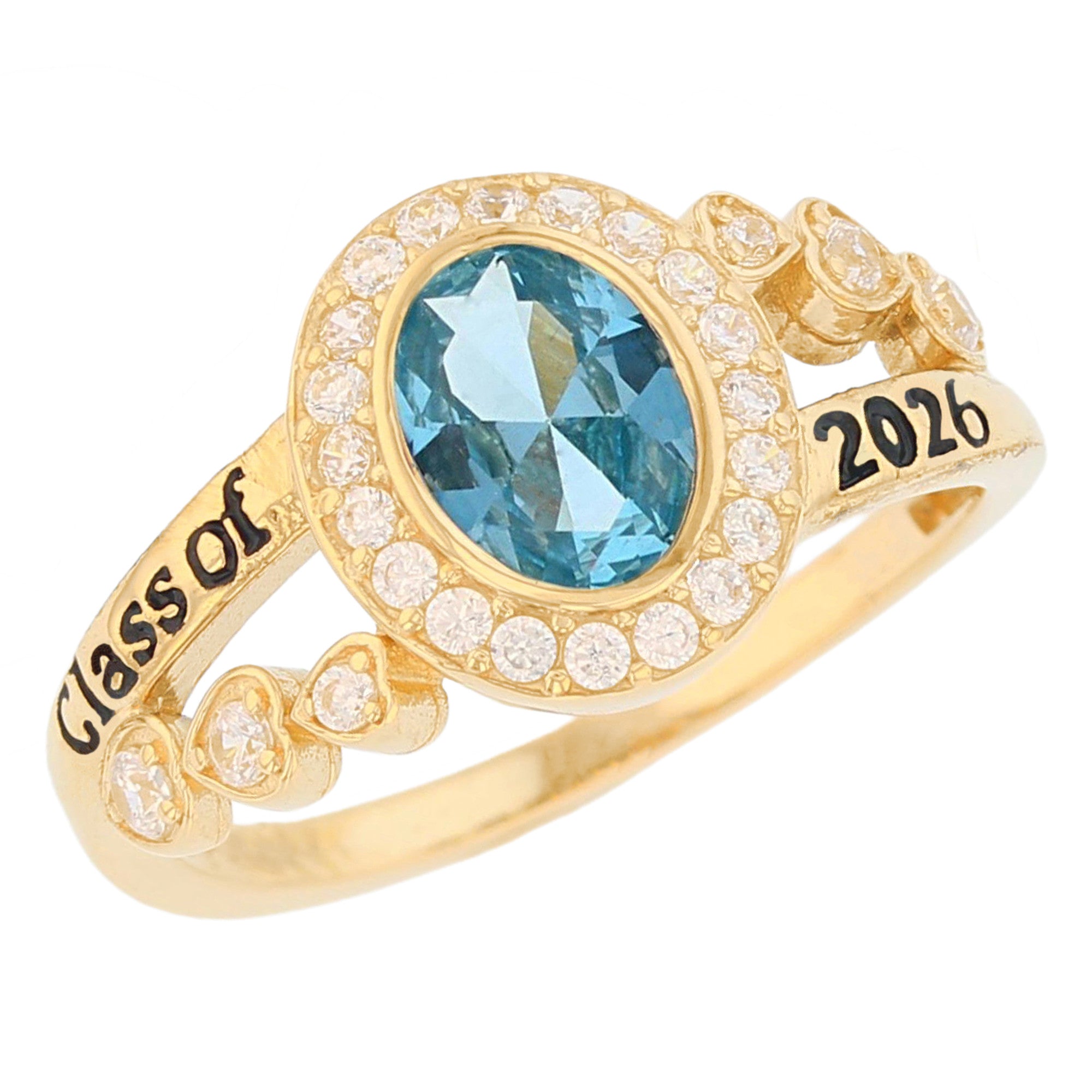 Gold Classy Oval Blue Simulated Zircon Womens Birthstone Graduation Ring (JackAni# R13873)