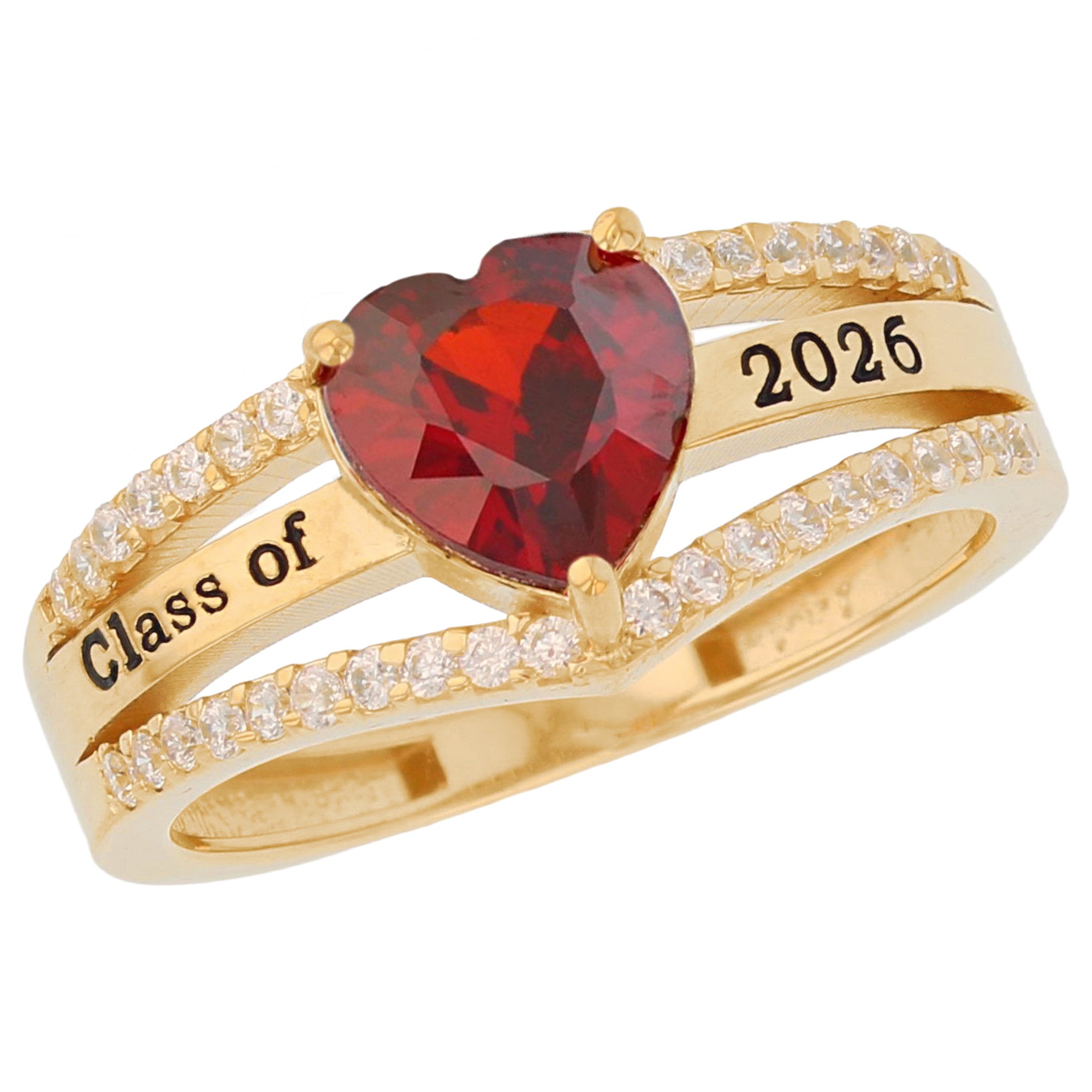 Gold Elegant Heart Red Simulated Ruby Womens Birthstone Graduation Ring (JackAni# R13871)