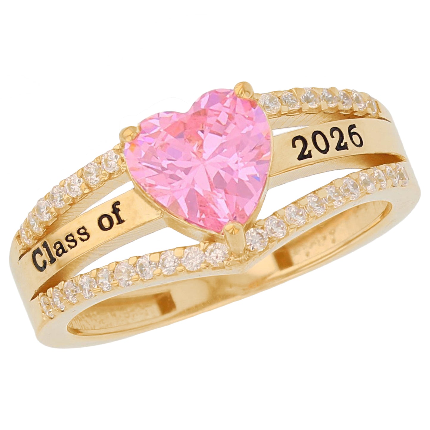 Gold Elegant Heart Red Simulated Ruby Womens Birthstone Graduation Ring (JackAni# R13871)