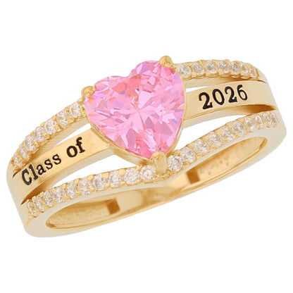 Gold Elegant Heart Red Simulated Ruby Womens Birthstone Graduation Ring (JackAni# R13871)