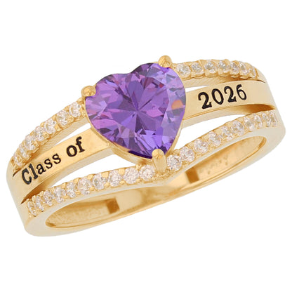 Gold Elegant Heart Red Simulated Ruby Womens Birthstone Graduation Ring (JackAni# R13871)