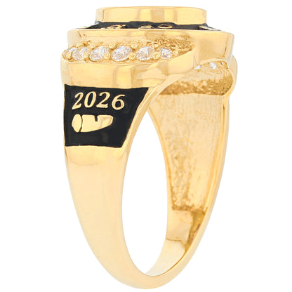 Gold Unisex Oval Graduation Red Simulated Garnet Birthstone January Ring (JackAni# R13874)