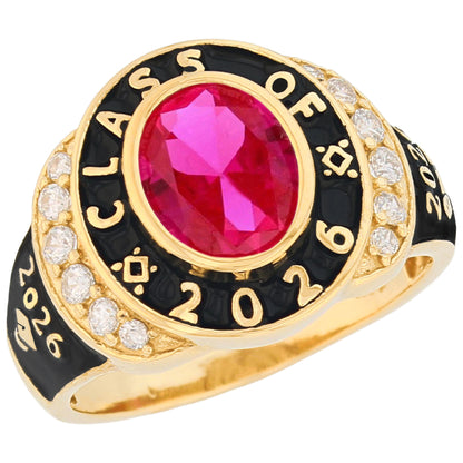 Gold Unisex Oval Graduation Red Simulated Garnet Birthstone January Ring (JackAni# R13874)