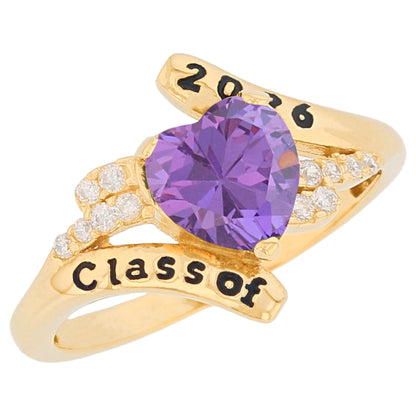 Gold Bypass Heart Graduation Purple Simuated Amethyst Womens Birthstone Ring (JackAni# R13879)