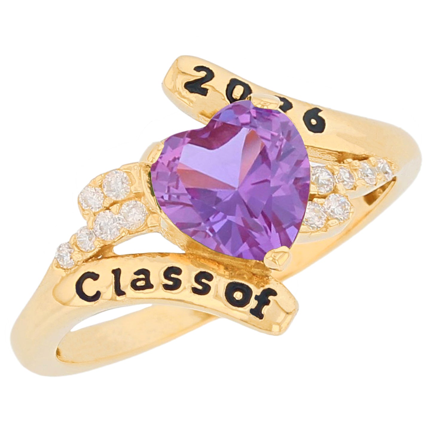 Gold Bypass Heart Graduation Purple Simuated Amethyst Womens Birthstone Ring (JackAni# R13879)
