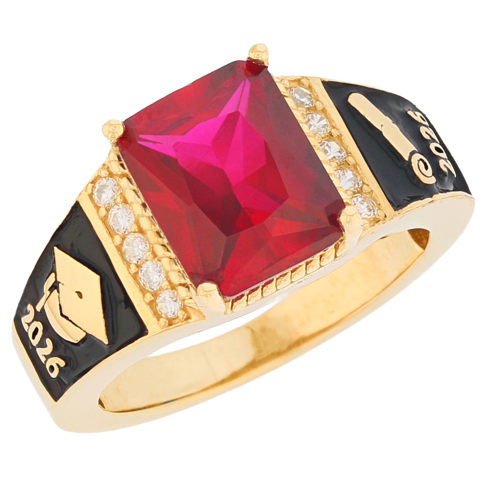 Gold Octagon Stone Graduation Red Simulated Ruby Unisex Birthstone Ring (JackAni# R13875)