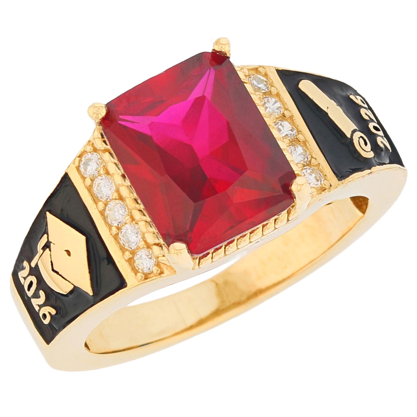 Gold Octagon Stone Graduation Red Simulated Ruby Unisex Birthstone Ring (JackAni# R13875)