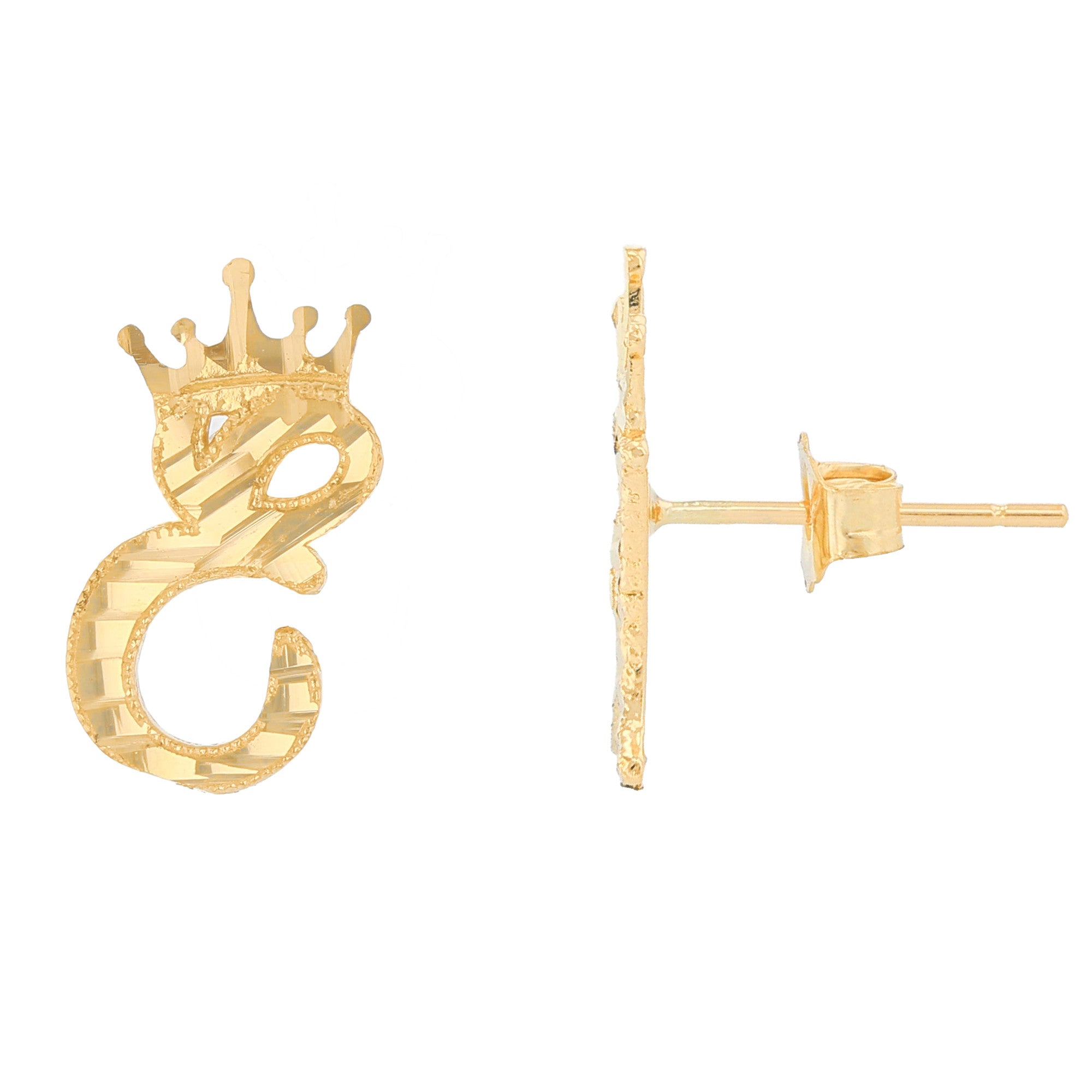 Regal Crown Design Diamond Cut Accent Initial Letter Earrings (JackAni# E13636)