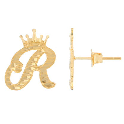 Regal Crown Design Diamond Cut Accent Initial Letter Earrings (JackAni# E13636)