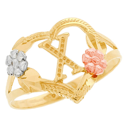 Heart Shaped Initial A to Z Ring with Flower Accents (JackAni# R12358)