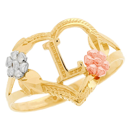 Heart Shaped Initial A to Z Ring with Flower Accents (JackAni# R12358)