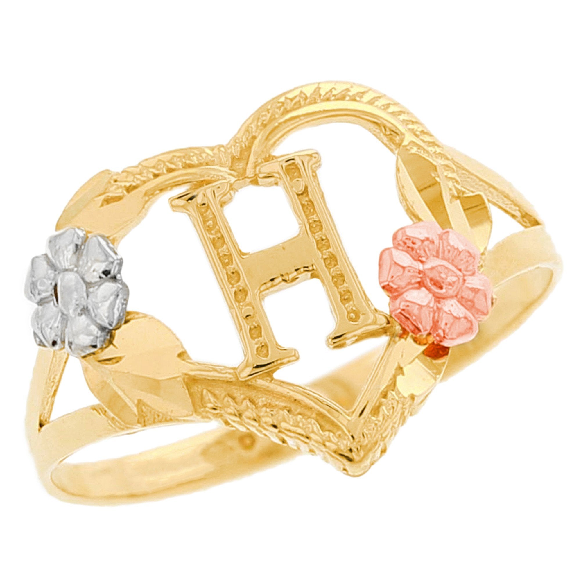 Heart Shaped Initial A to Z Ring with Flower Accents (JackAni# R12358)