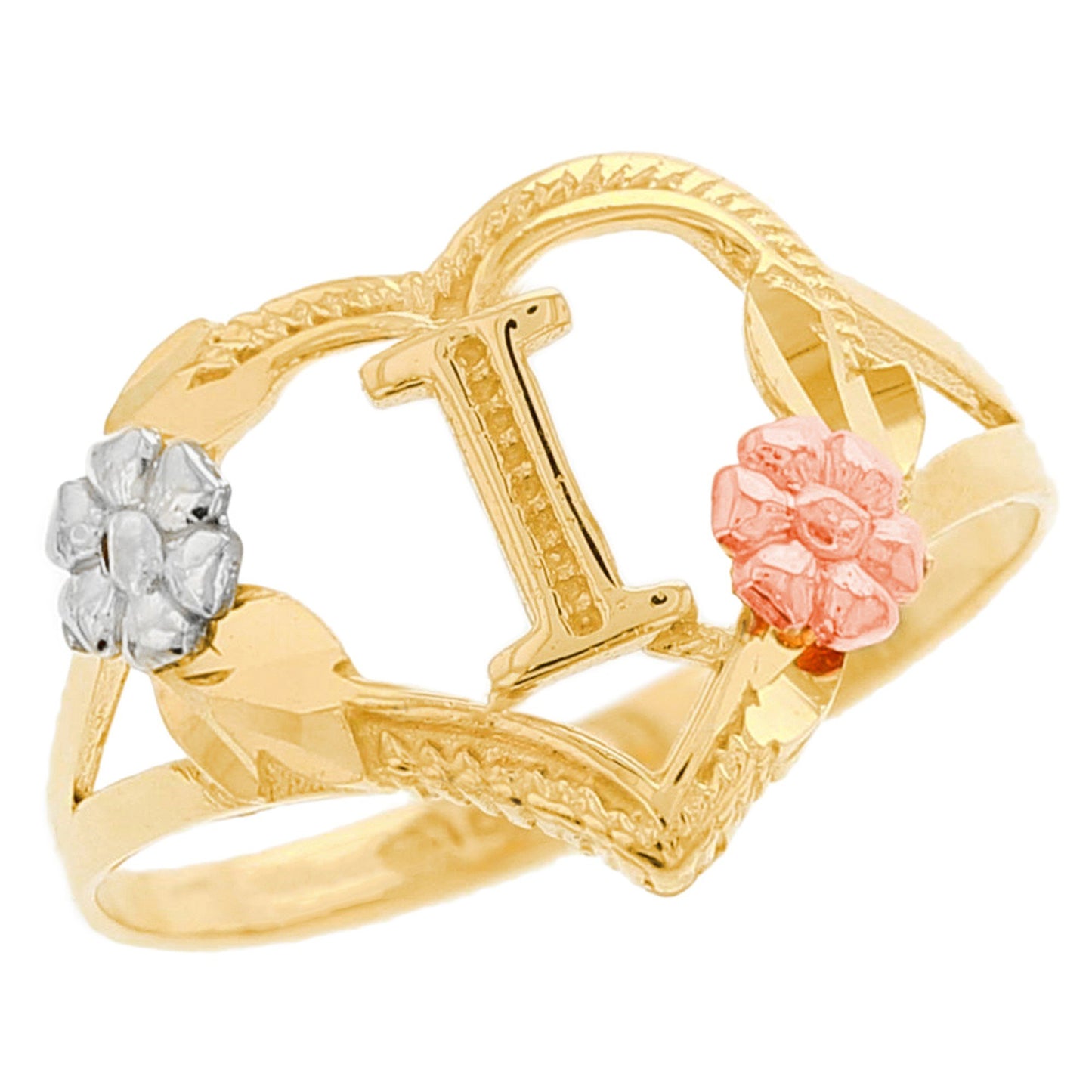 Heart Shaped Initial A to Z Ring with Flower Accents (JackAni# R12358)