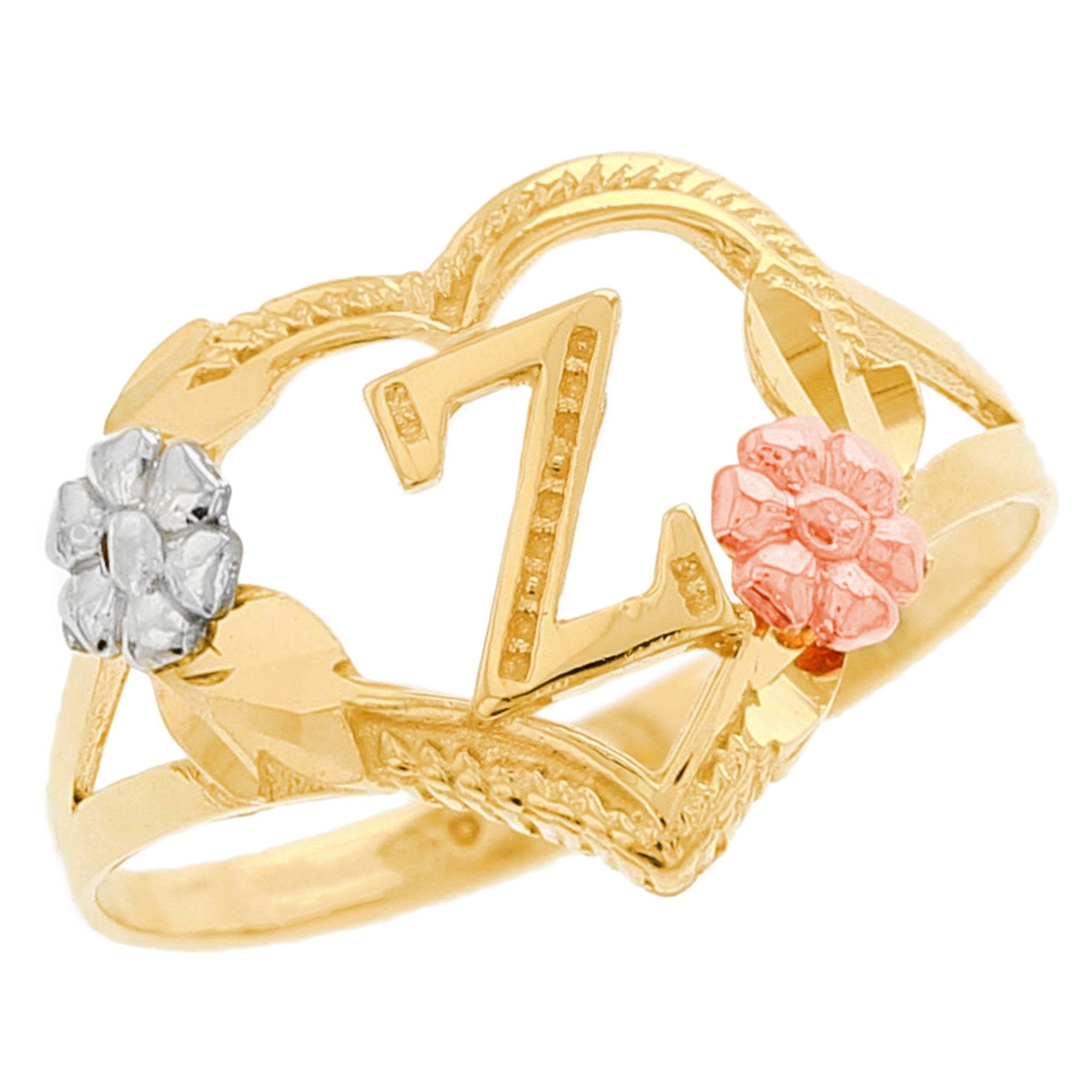 Heart Shaped Initial A to Z Ring with Flower Accents (JackAni# R12358)