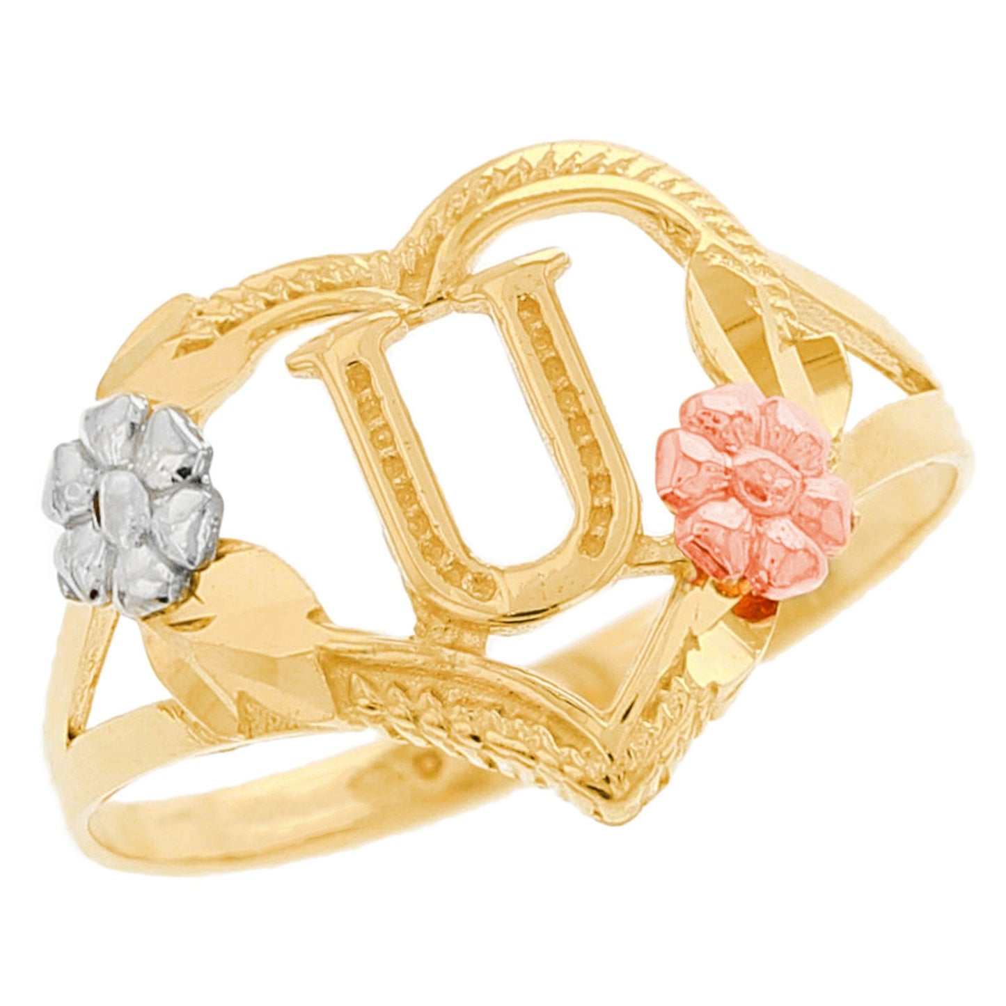 Heart Shaped Initial A to Z Ring with Flower Accents (JackAni# R12358)