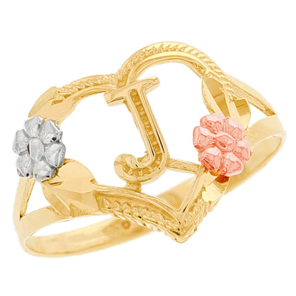 Heart Shaped Initial A to Z Ring with Flower Accents (JackAni# R12358)