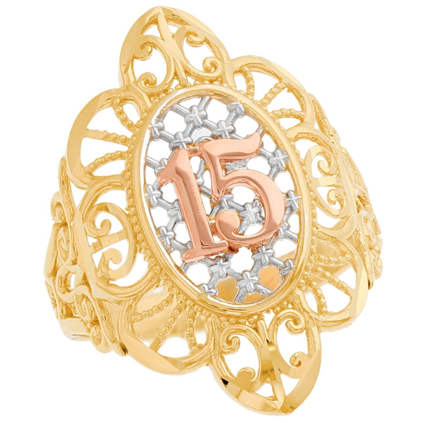 Gold Quince Años Womens Diamond Cut Girl Ring (JackAni# R12353)