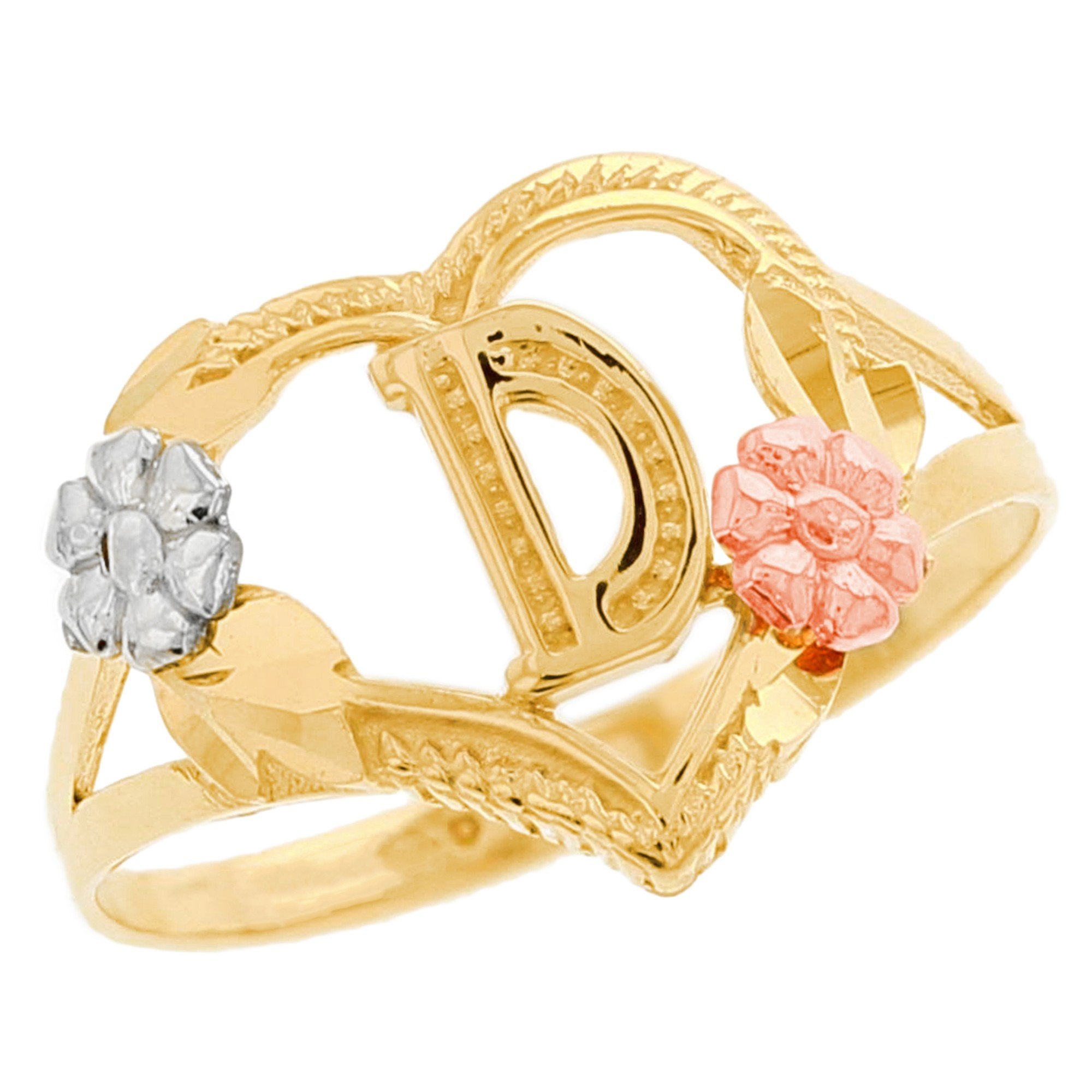 Heart Shaped Initial A to Z Ring with Flower Accents (JackAni# R12358)