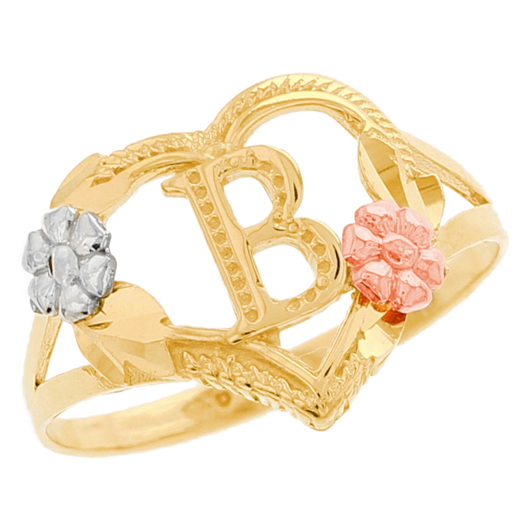 Heart Shaped Initial A to Z Ring with Flower Accents (JackAni# R12358)