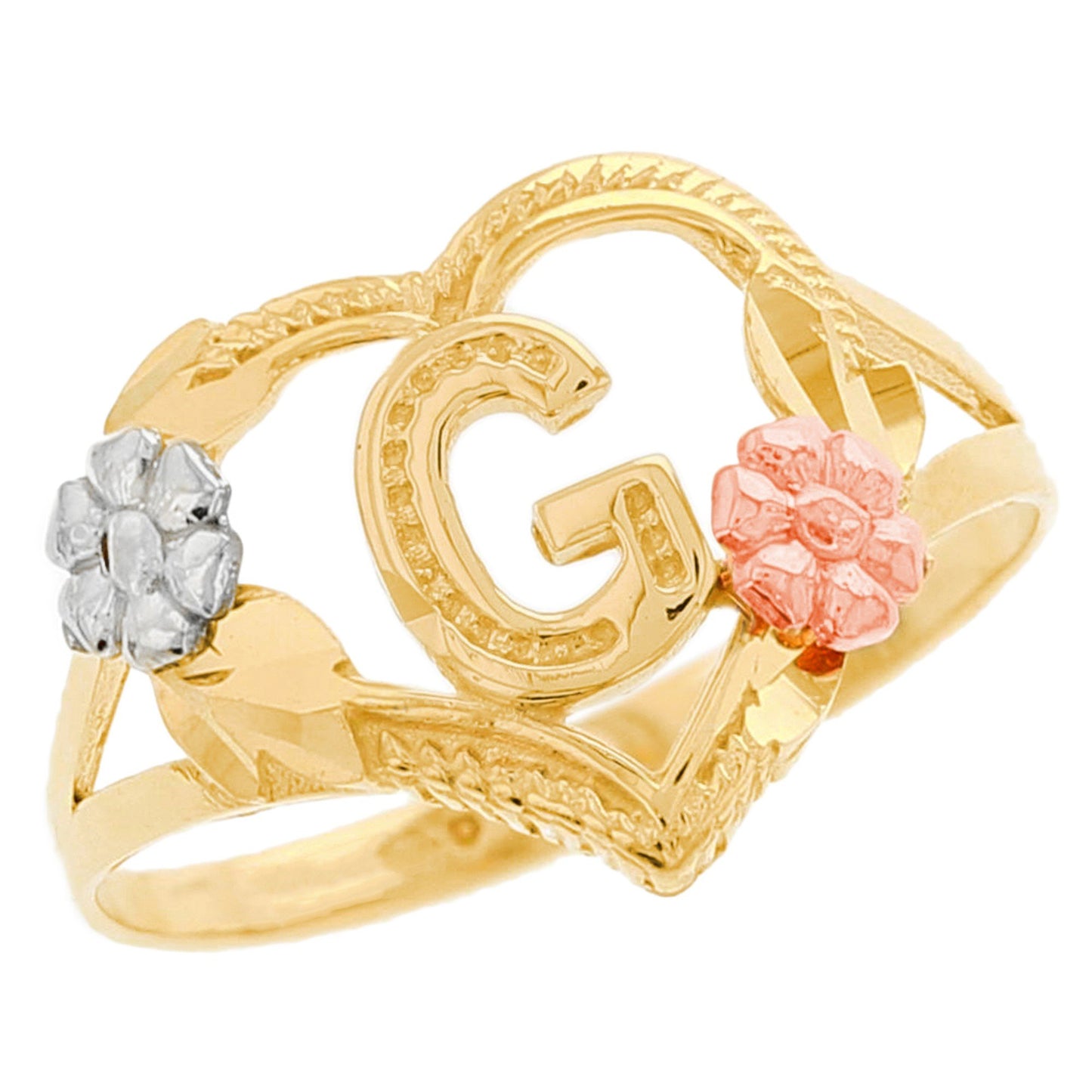 Heart Shaped Initial A to Z Ring with Flower Accents (JackAni# R12358)