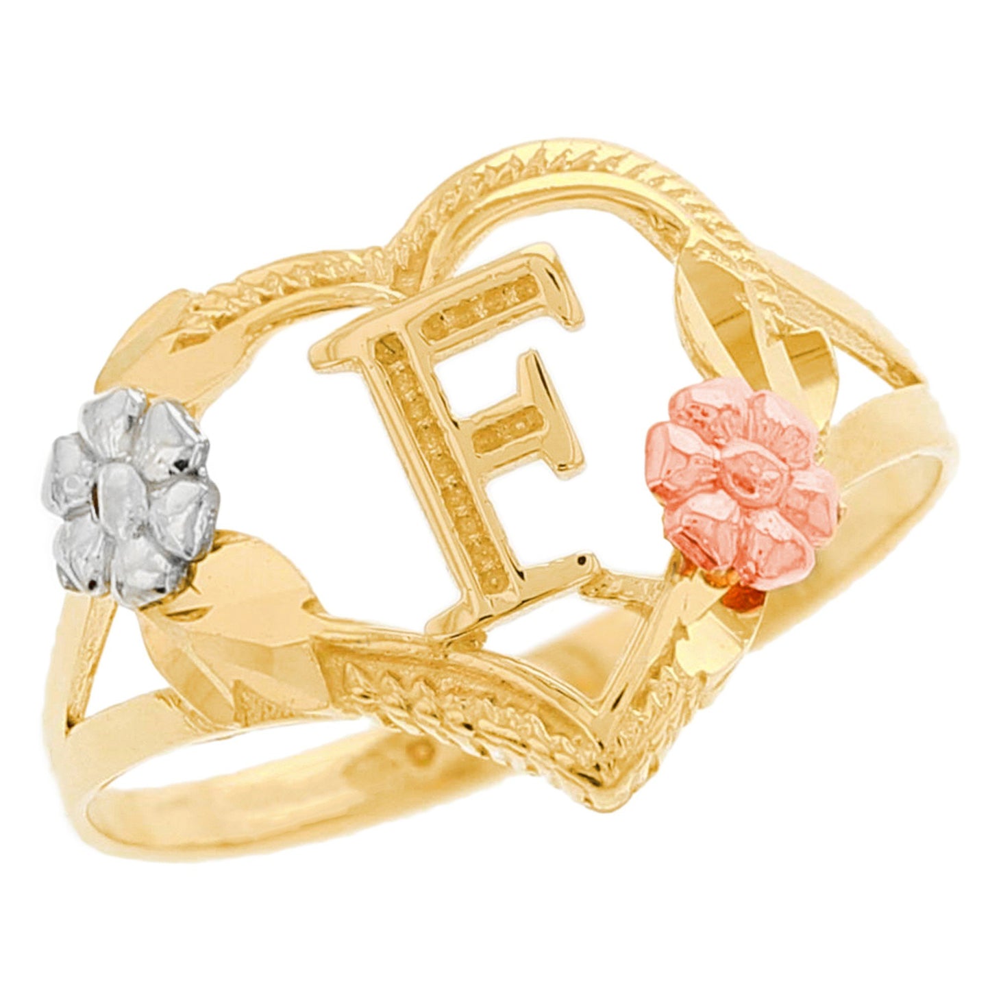 Heart Shaped Initial A to Z Ring with Flower Accents (JackAni# R12358)