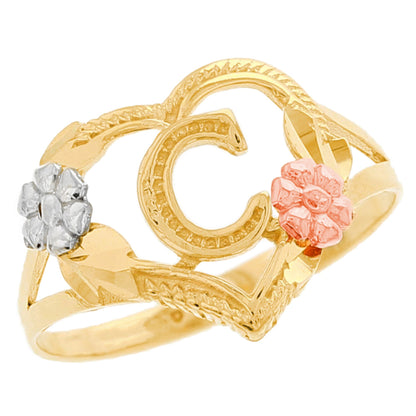 Heart Shaped Initial A to Z Ring with Flower Accents (JackAni# R12358)