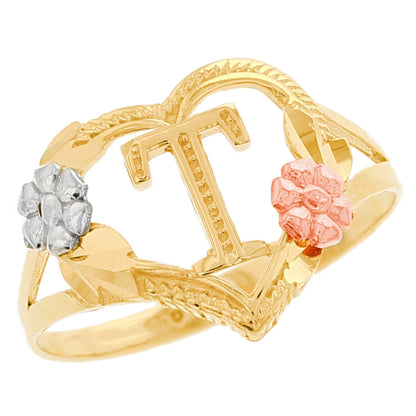 Heart Shaped Initial A to Z Ring with Flower Accents (JackAni# R12358)