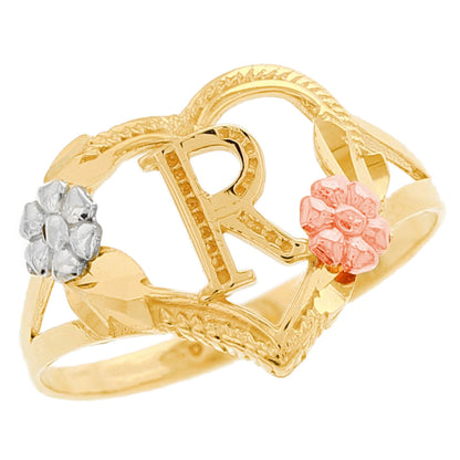 Heart Shaped Initial A to Z Ring with Flower Accents (JackAni# R12358)