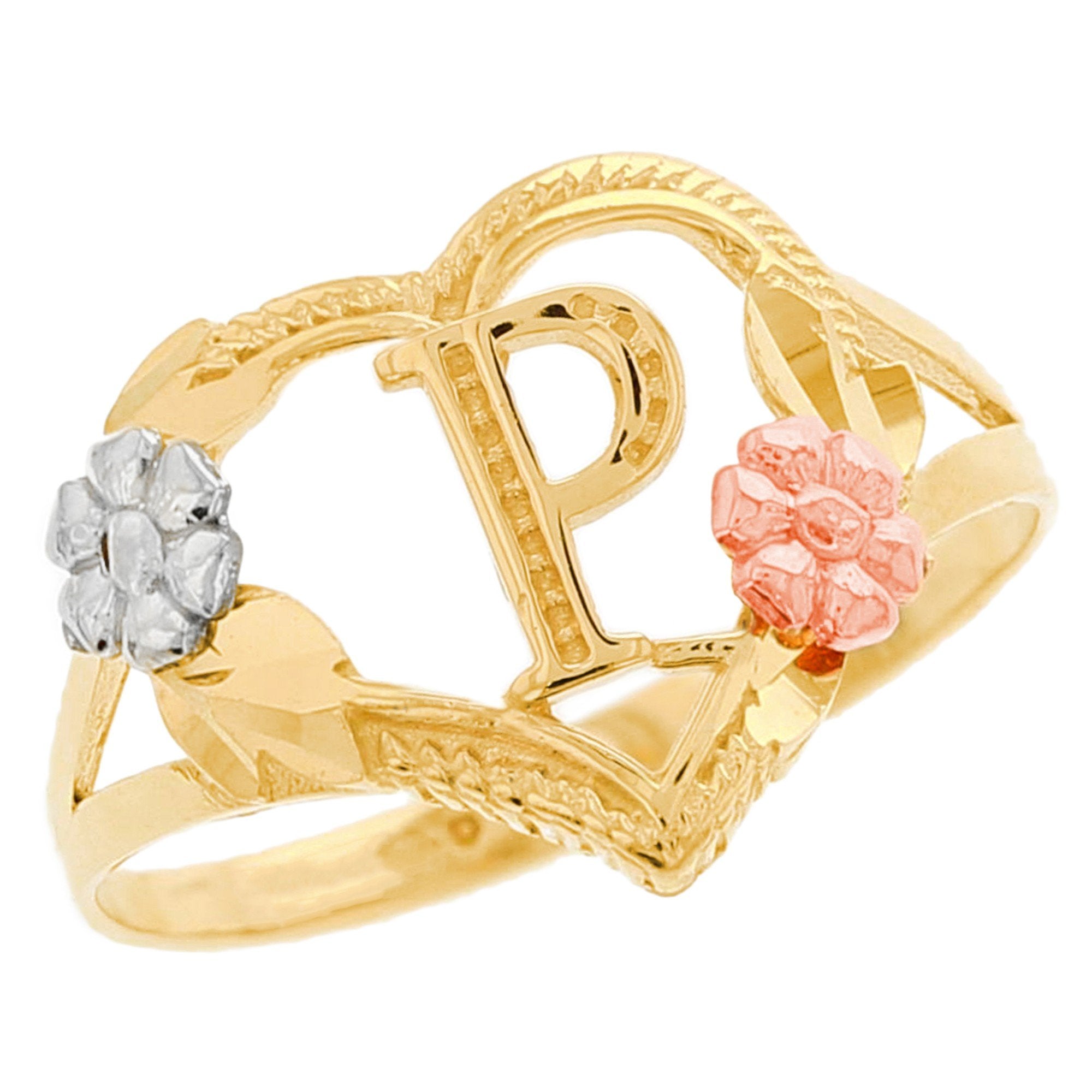 Heart Shaped Initial A to Z Ring with Flower Accents (JackAni# R12358)