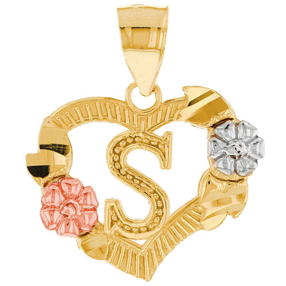 Heart Shaped Initial Pendant with Flower Accents (JackAni# P12358)