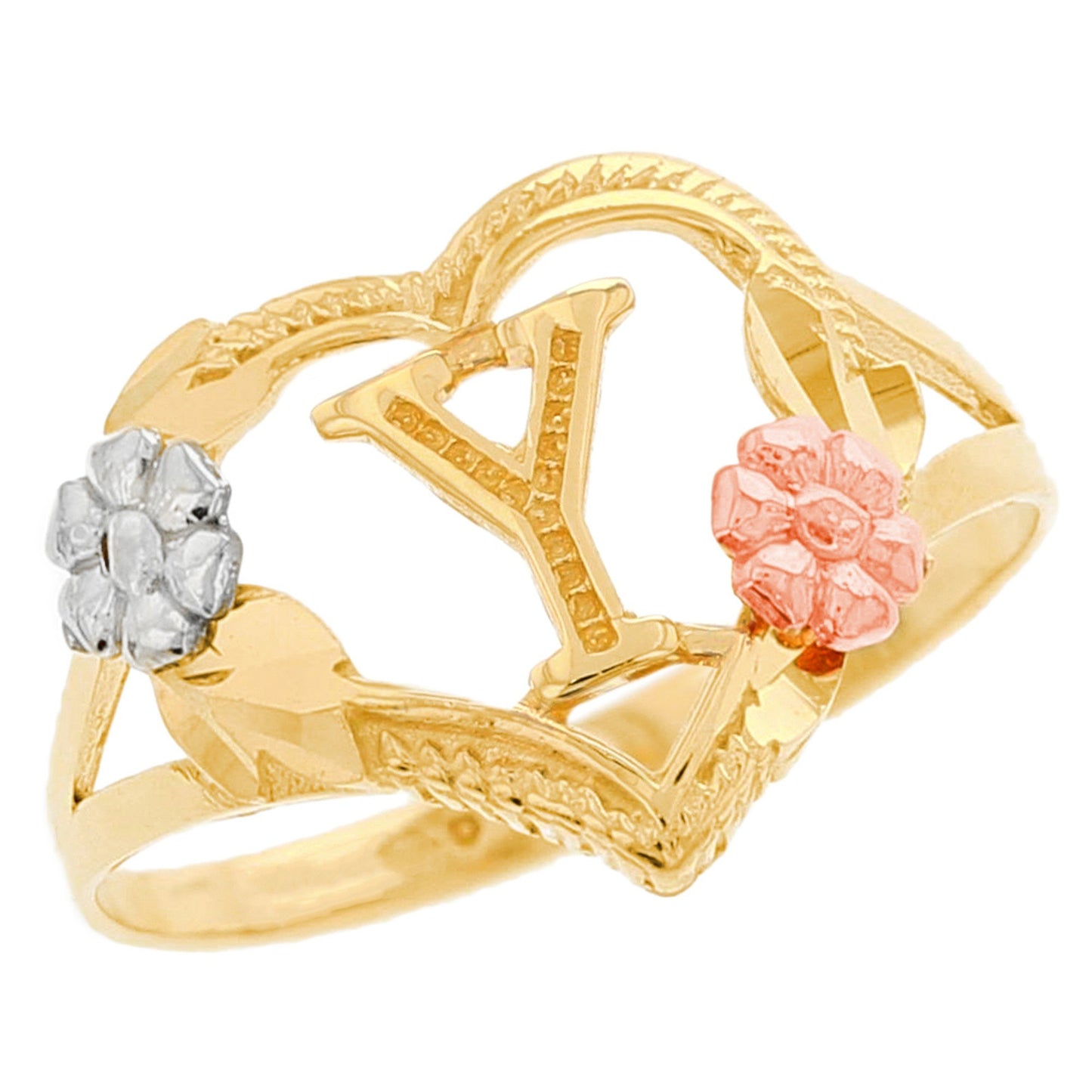 Heart Shaped Initial A to Z Ring with Flower Accents (JackAni# R12358)