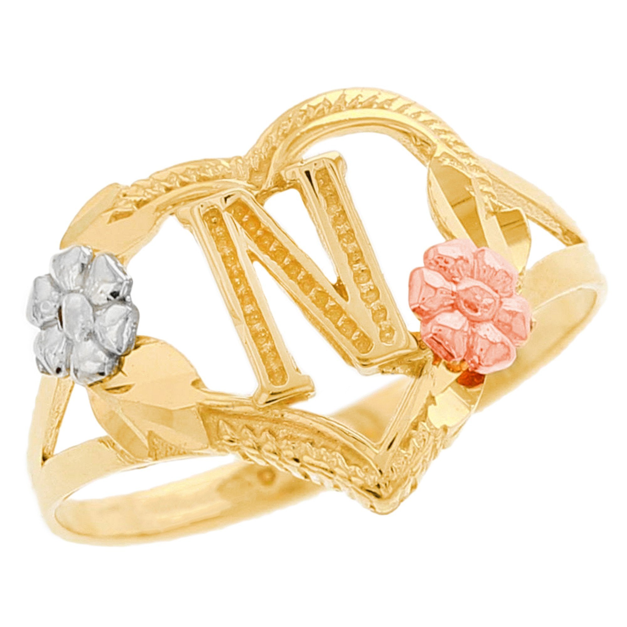 Heart Shaped Initial A to Z Ring with Flower Accents (JackAni# R12358)