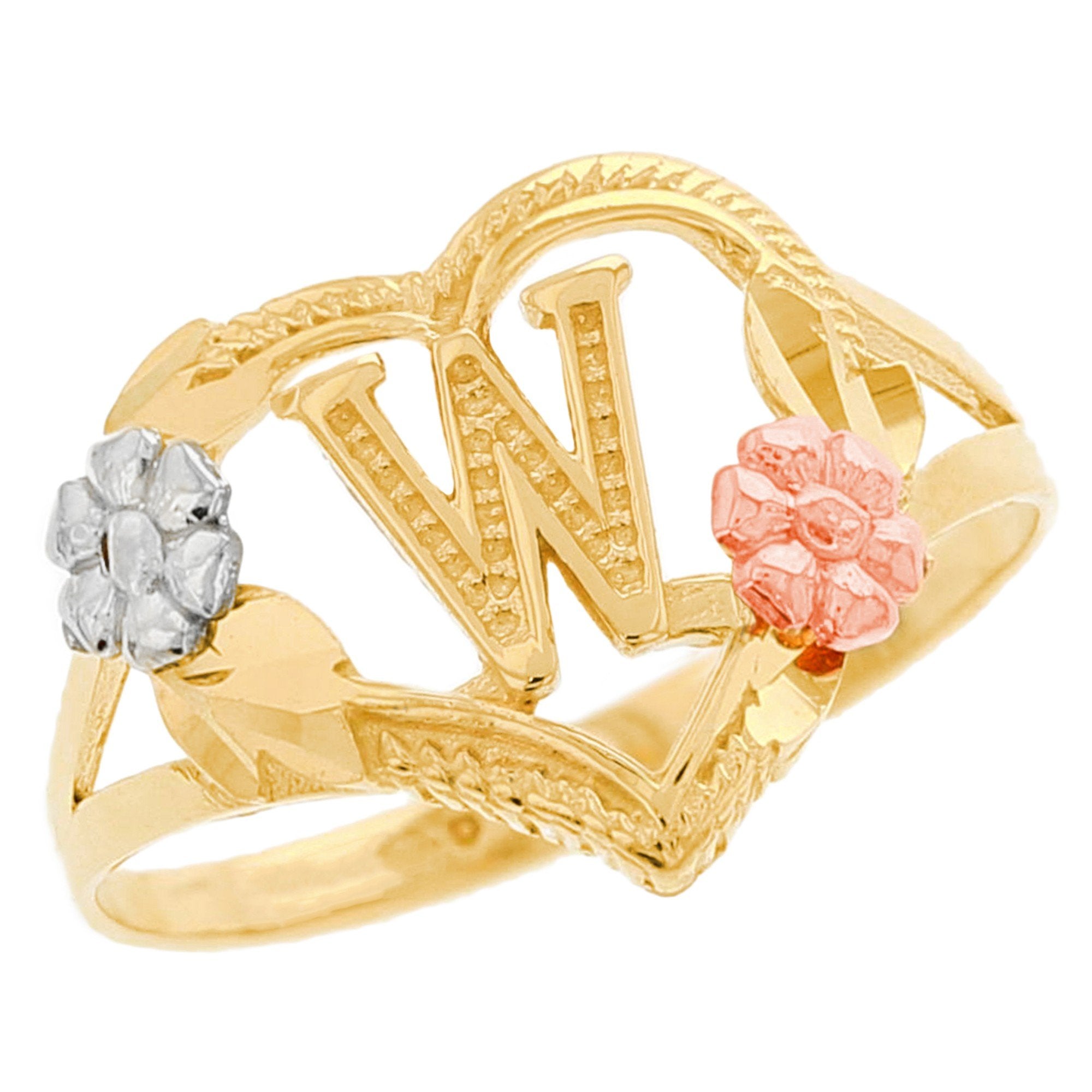 Heart Shaped Initial A to Z Ring with Flower Accents (JackAni# R12358)