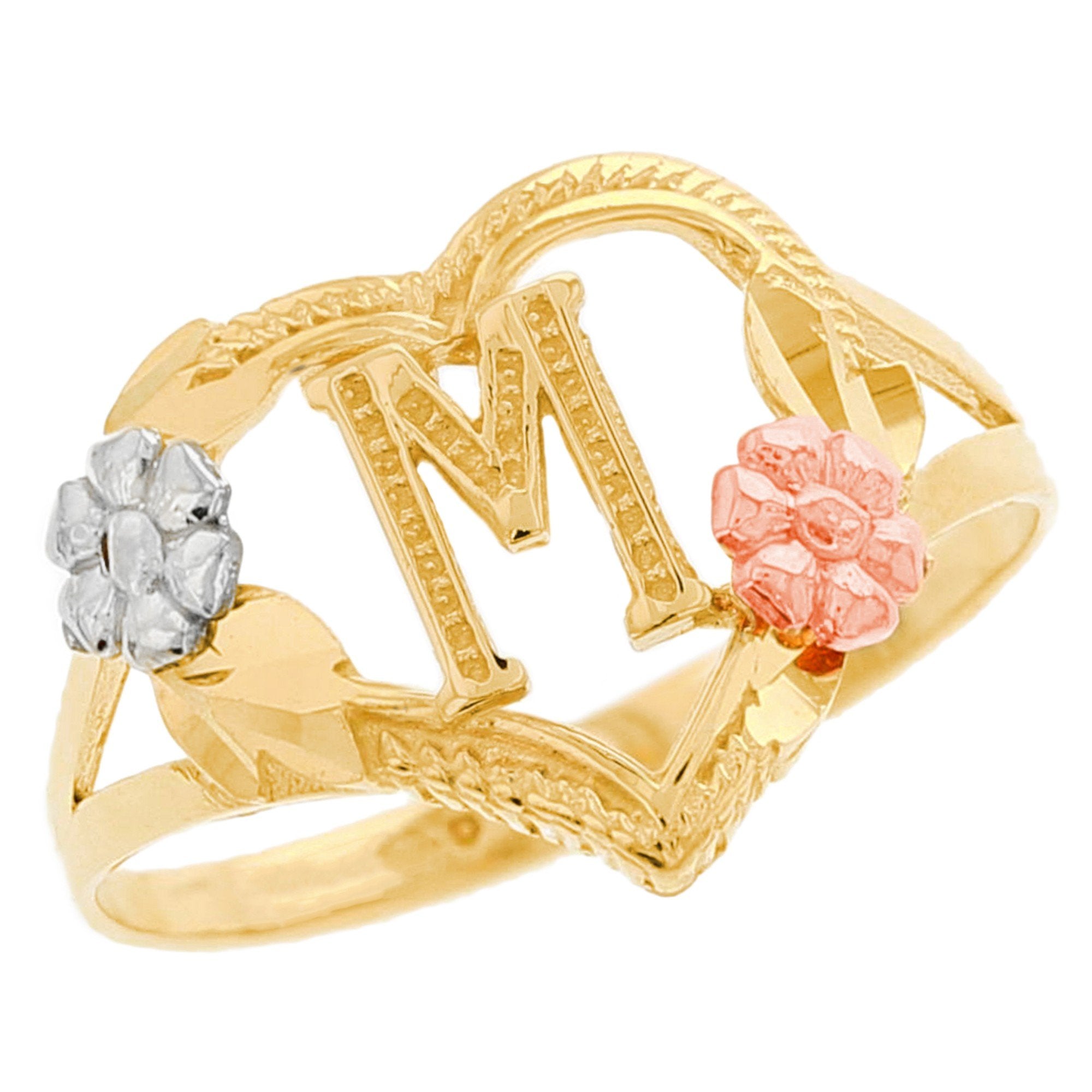 Heart Shaped Initial A to Z Ring with Flower Accents (JackAni# R12358)