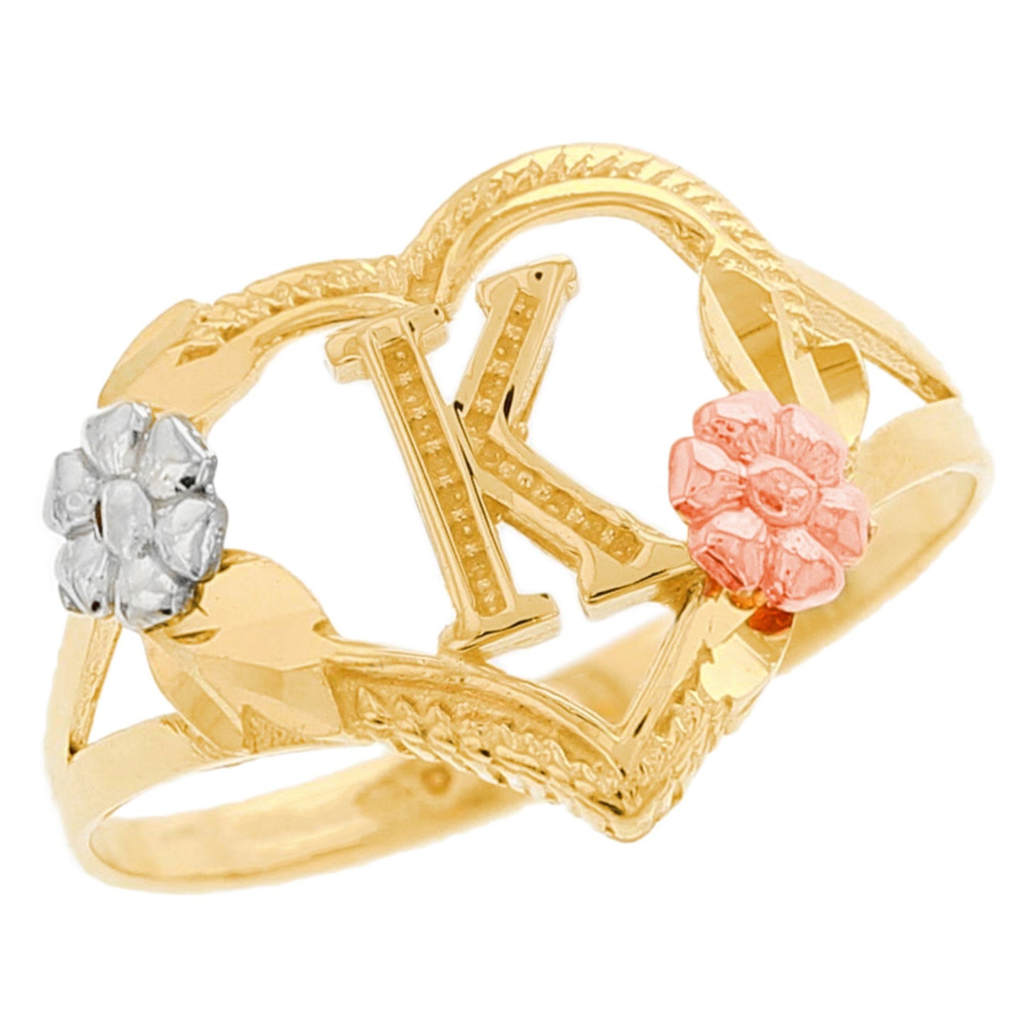 Heart Shaped Initial A to Z Ring with Flower Accents (JackAni# R12358)