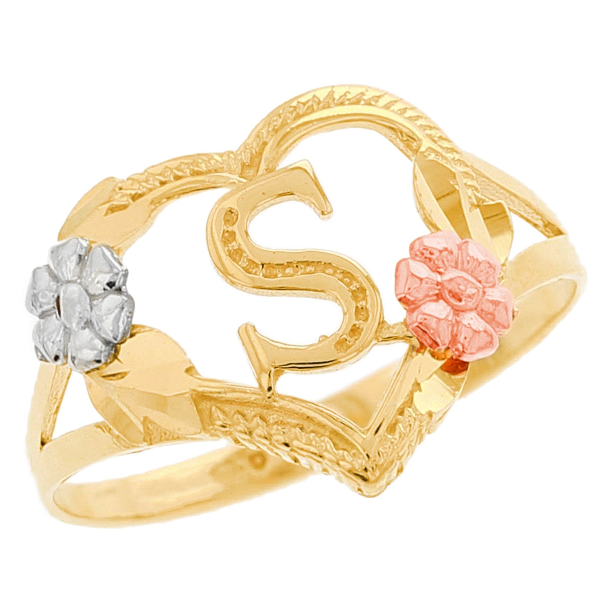 Heart Shaped Initial A to Z Ring with Flower Accents (JackAni# R12358)