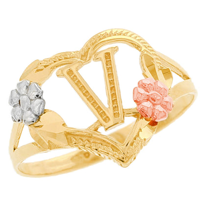 Heart Shaped Initial A to Z Ring with Flower Accents (JackAni# R12358)