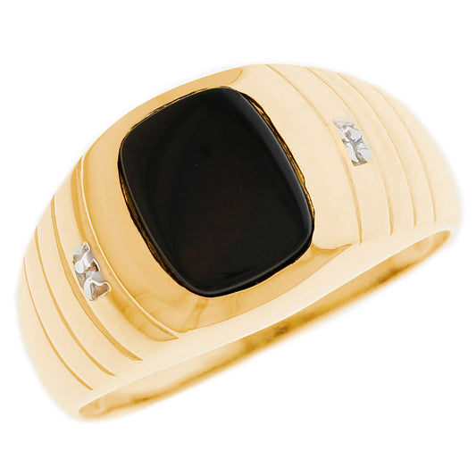 Gold Black Onyx Mens Diamond Natural Stone Ring (JackAni# R13188)