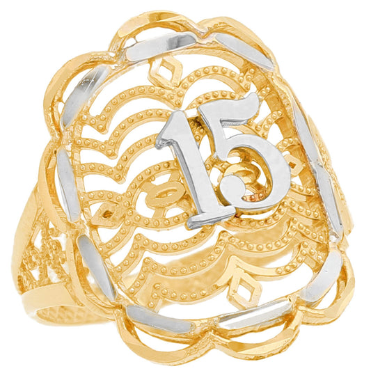 Gold Floral Quince Años Womens Diamond Cut Filigree Girl Ring (JackAni# R12351)