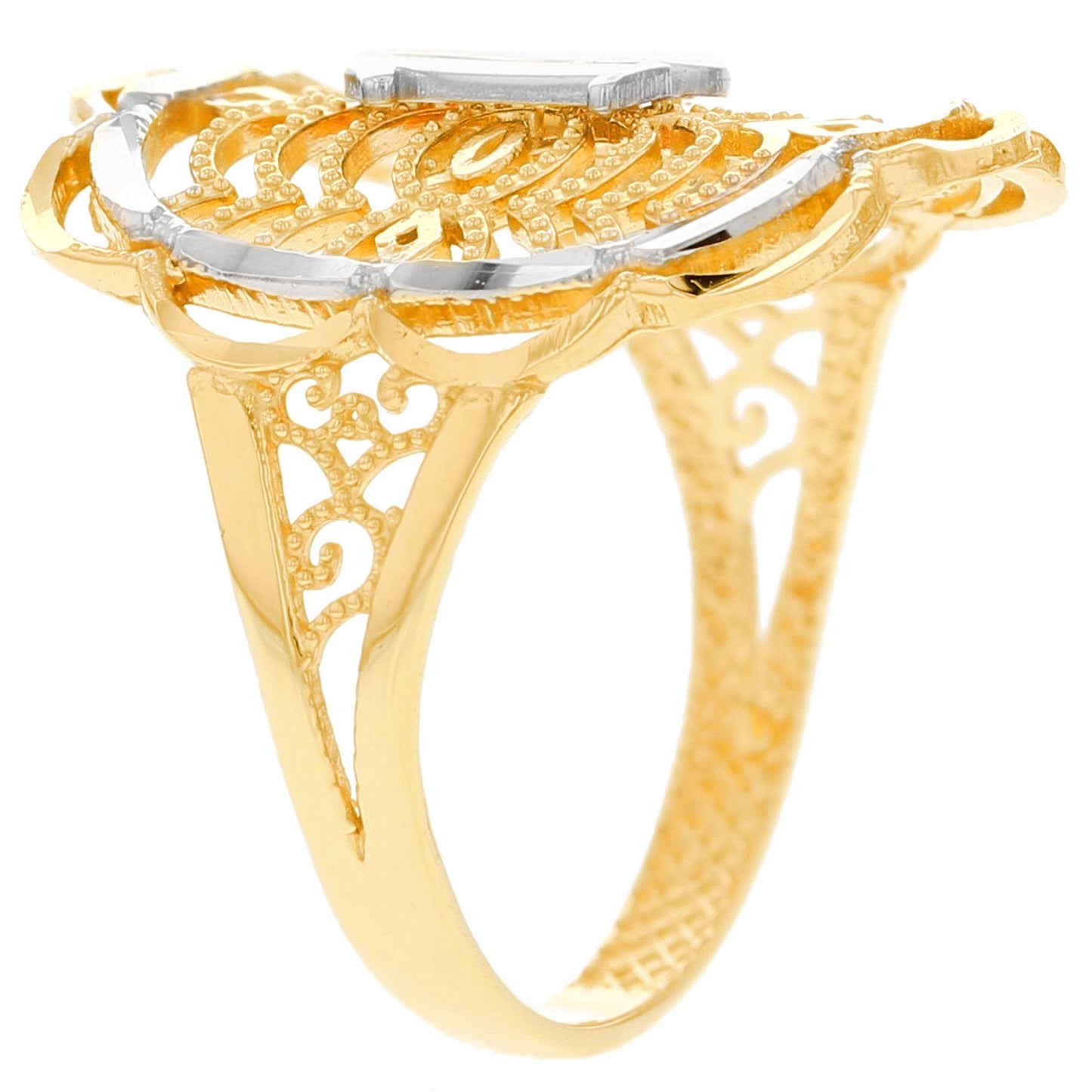 Gold Floral Quince Años Womens Diamond Cut Filigree Girl Ring (JackAni# R12351)