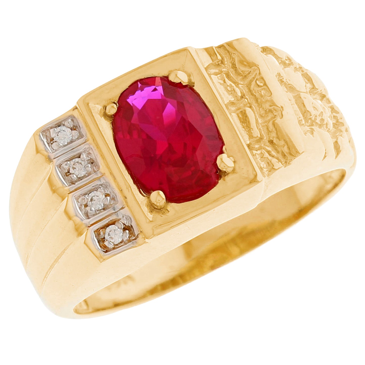 Gold Elegan Nugget Red Simulated Ruby Mens Diamond Ring (JackAni# R13194)