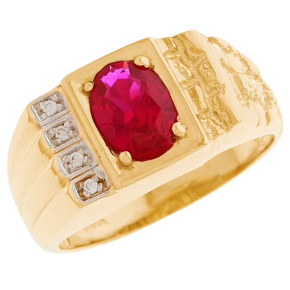 Gold Elegan Nugget Red Simulated Ruby Mens Diamond Ring (JackAni# R13194)