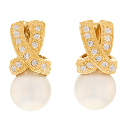 Gold Ribbon Pearl White Womens Earring (JackAni# E13256)