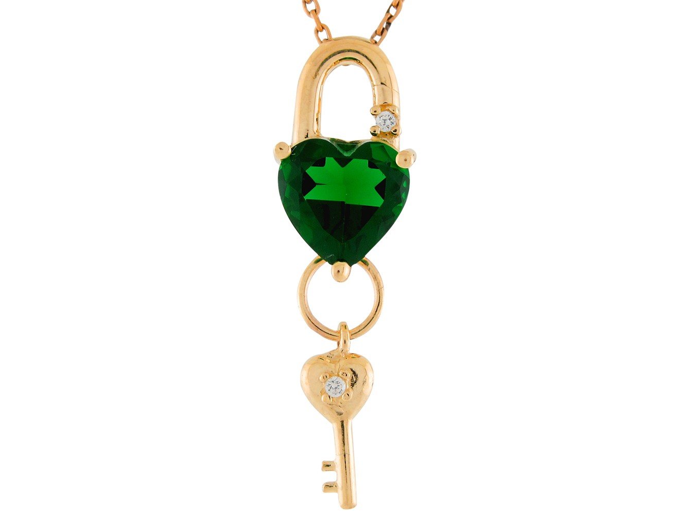 Gold Heart Cut Ladies Lock and Key Birthstone Pendant (JackAni# P9557)