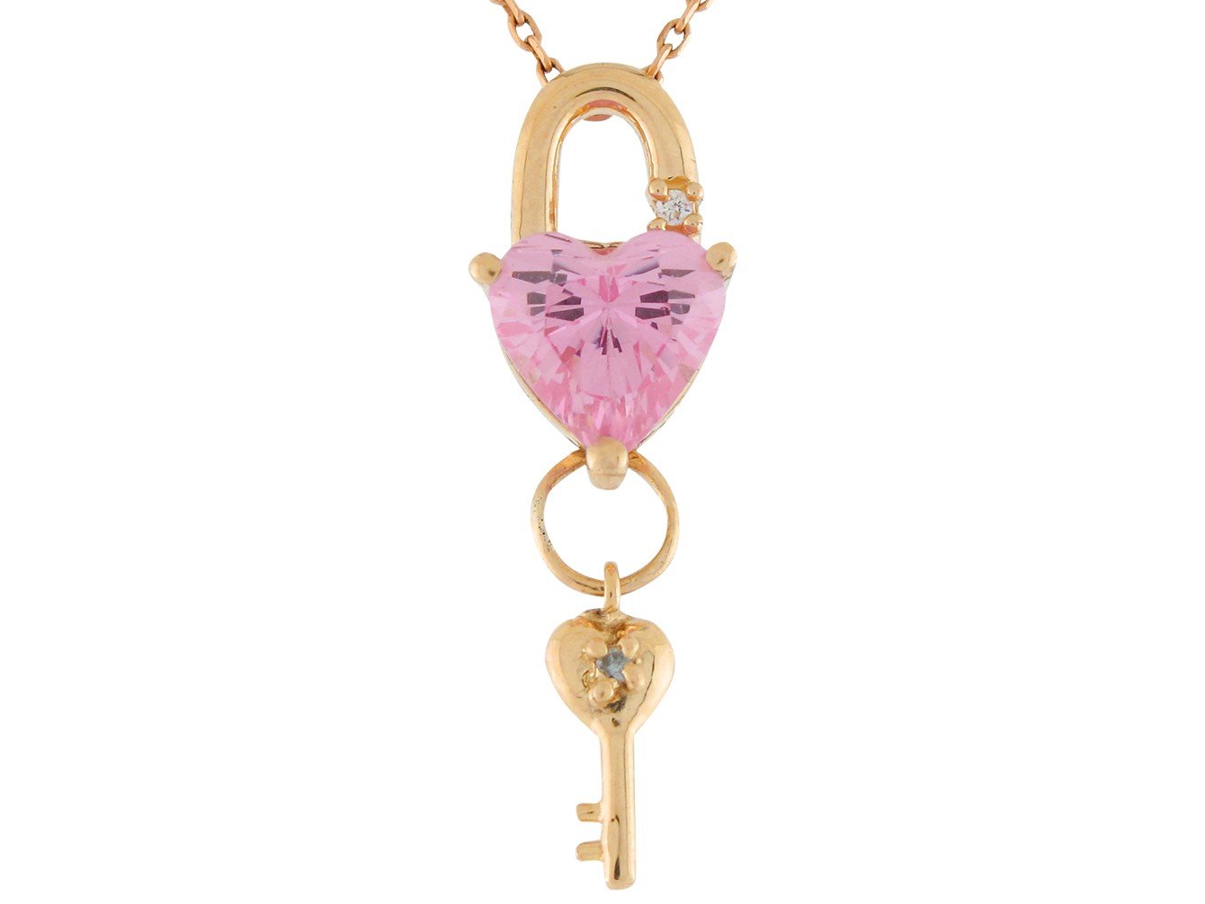 Gold Heart Cut Ladies Lock and Key Birthstone Pendant (JackAni# P9557)