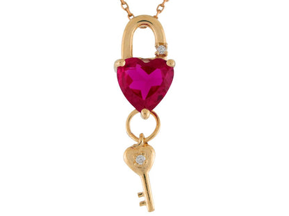 Gold Heart Cut Ladies Lock and Key Birthstone Pendant (JackAni# P9557)