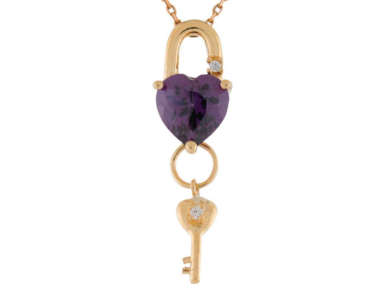 Gold Heart Cut Ladies Lock and Key Birthstone Pendant (JackAni# P9557)