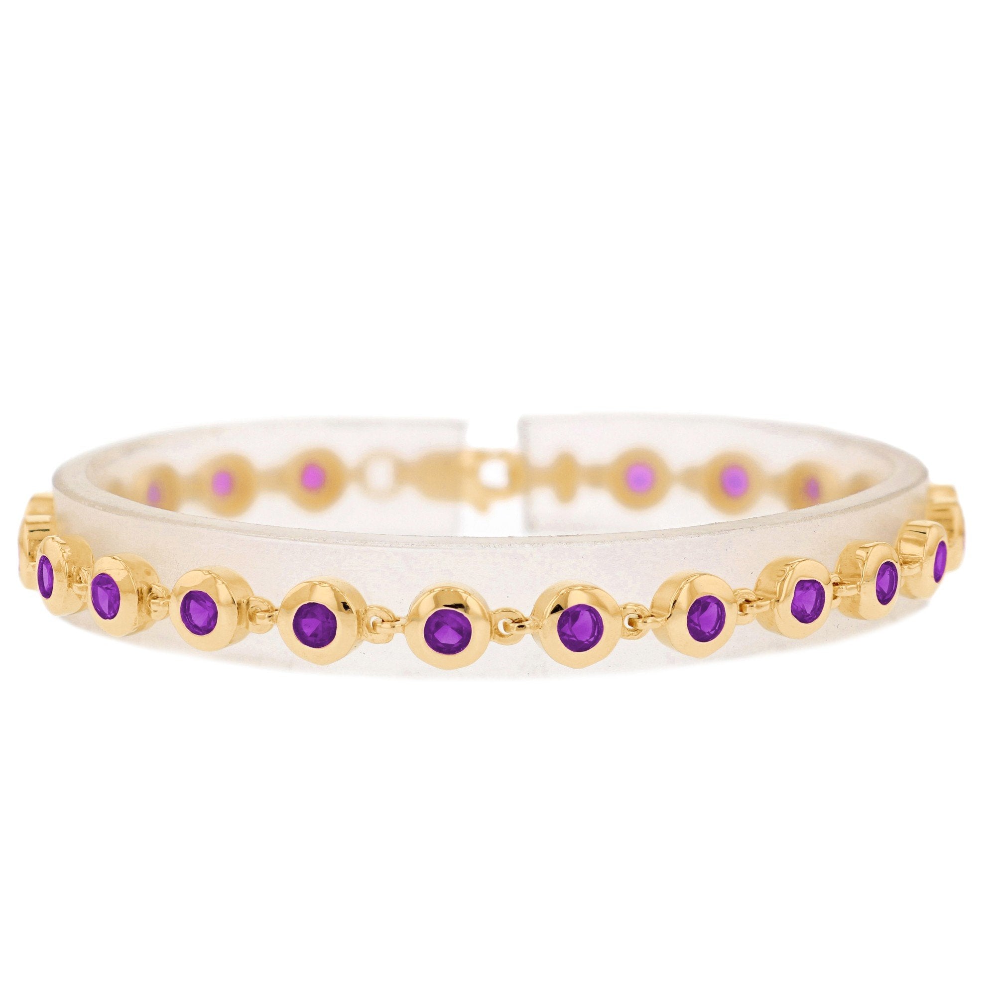 Gold Round Stone Tennis Bracelet Purple Simulated Alexandrite Womens Birthstone (JackAni# B12667)