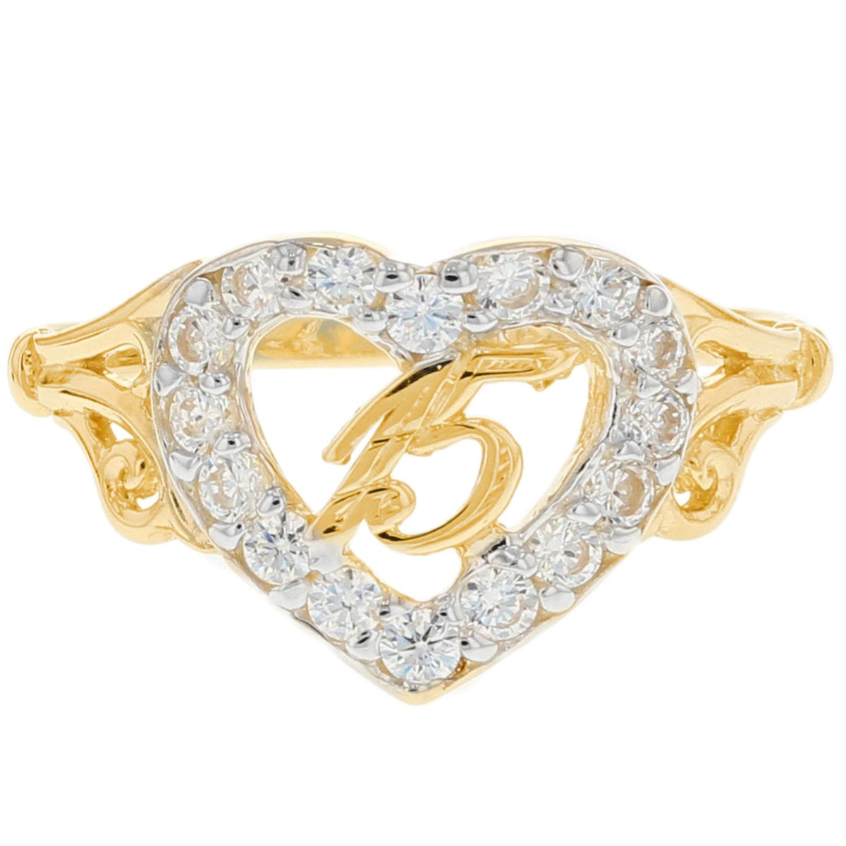 Gold White CZ Womens Heart Quince Años Ring (JackAni# R2781)